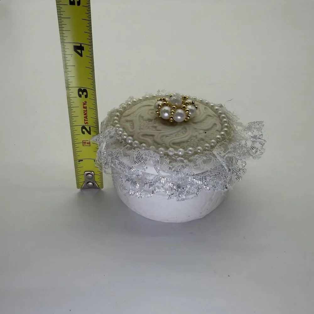 Handmade Ceramic Ring Box Trinket Engagement Wedding Embroidery Lace Pearls